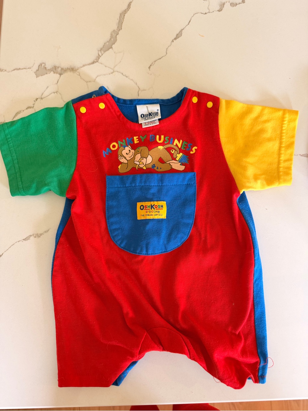 Vintage Oshkosh B'gosh Red Blue Green Yellow Monkey Business One-Piece Bodysuit